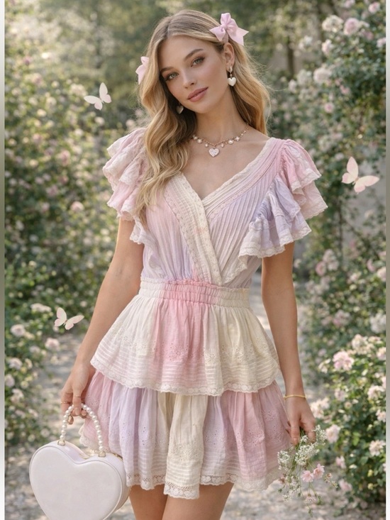 Dresses & Skirts - New! LoveShackFancy Gwen Tie Dye Lace Ruffle Cotton Mini Dress in Pink White